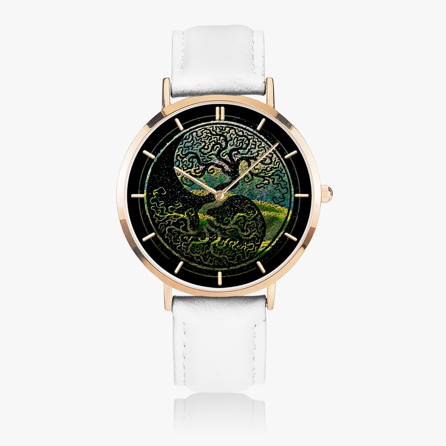 Tree of Life - As above, so below by KTJ Designer Ultra Thin Rose Gold 33/38/41mm Quartz Unisex Watch with Leather Strap and Indicators (White/Black/Brown Strap)