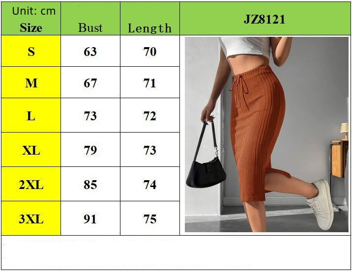 Caramel Color High Waist Knit Drawstring Pencil Midi Skirt