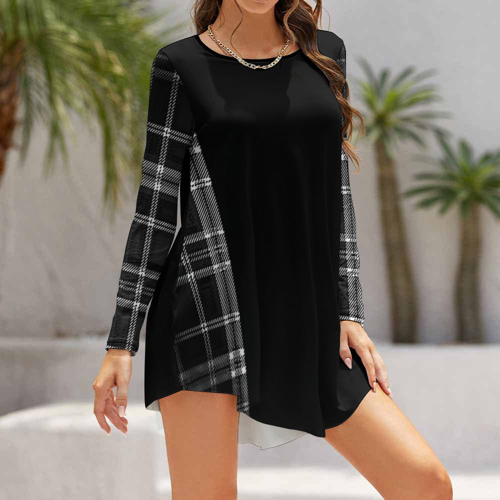 TRP Twisted Patterns 06: Digital Plaid 01-06A Designer Round Neck Long Sleeve Loose Fit Irregular Hem Mini Dress