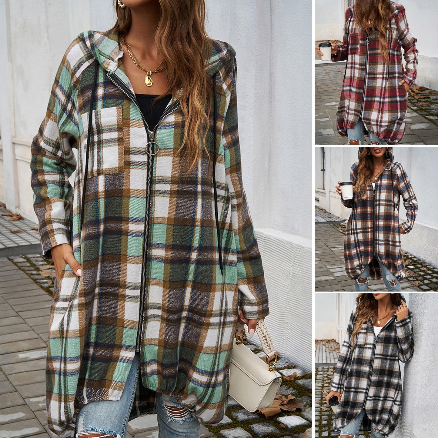 Loose Fit Contrasting Plaid Longline Full Zip Hoodie (4 colors)