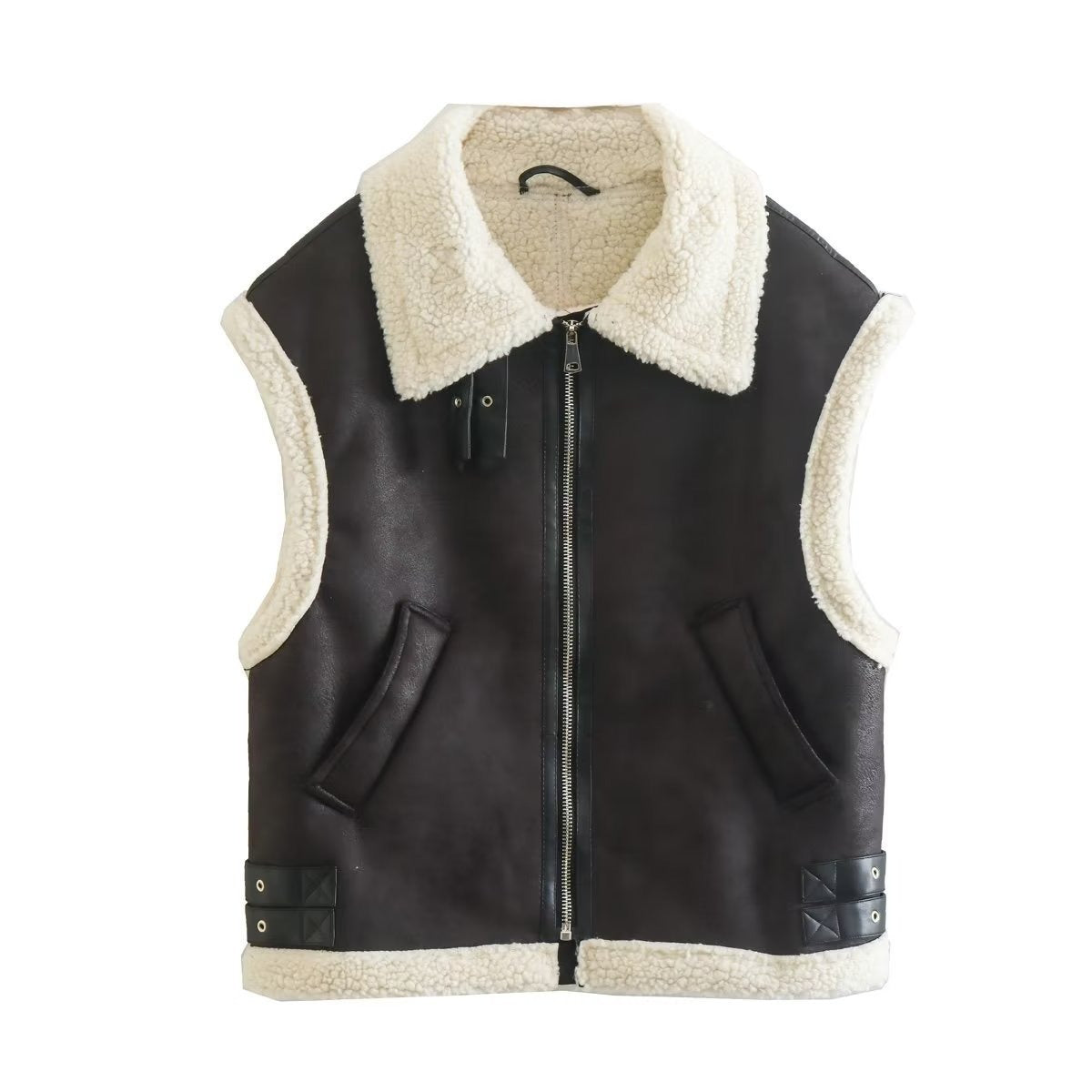 Spliced PU Leather Fleece Lined Lapel Collar Lady Vest (3 colors)