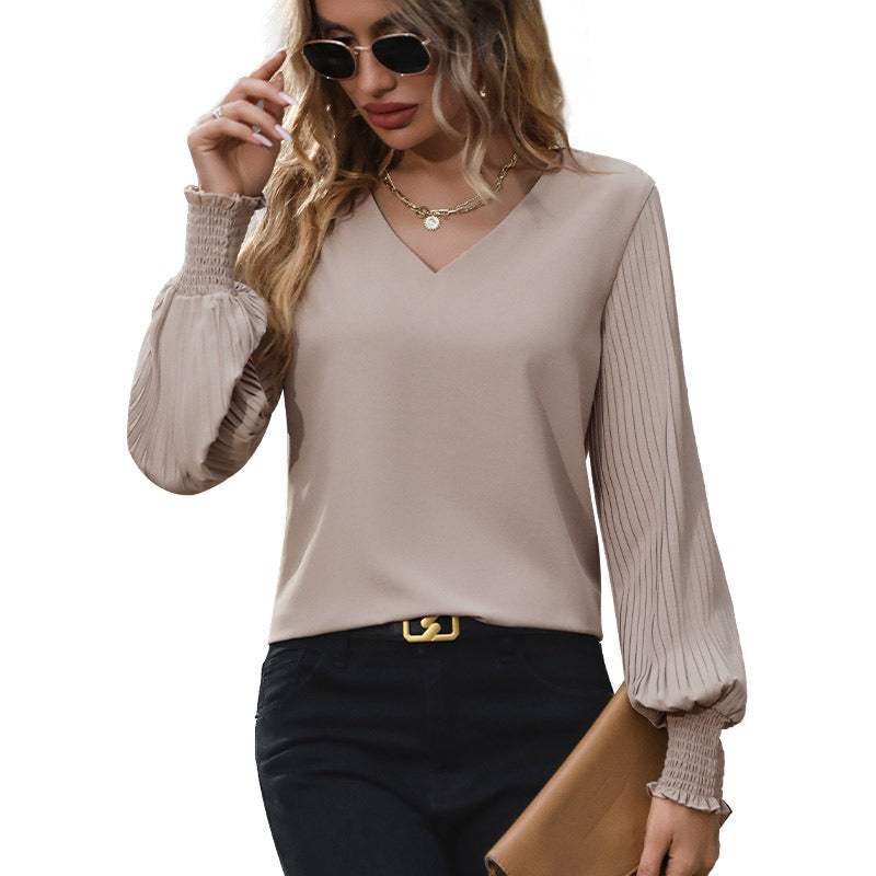 V-neck Solid Color Long Sleeve Puff Sleeve Blouse (3 colors)