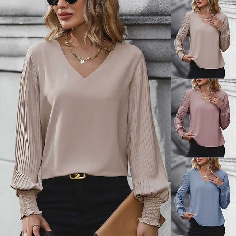 V-neck Solid Color Long Sleeve Puff Sleeve Blouse (3 colors)