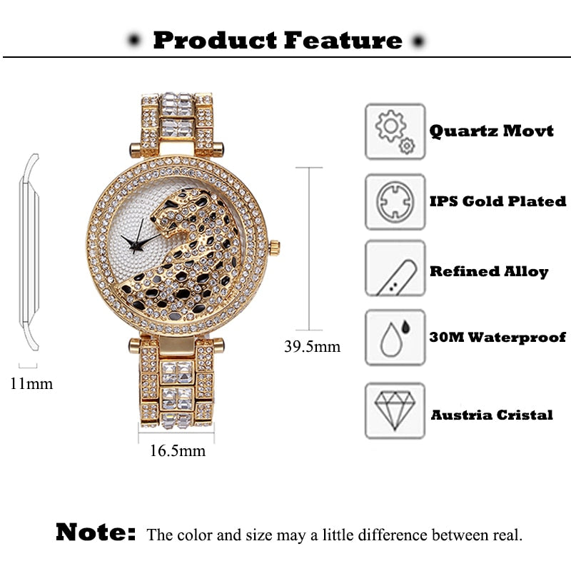 MISSFOX V227 Quartz Gold Crystal Diamond Leopard Watch