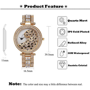 MISSFOX V227 Reloj de cuarzo con diamantes y cristales dorados y leopardo