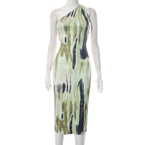 Fashion Print One Shoulder Bodycon Midi Dress