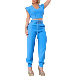 Sleeveless Crop Top and Belted Sweatpants Two Piece Set