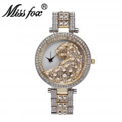 MISSFOX V227 Reloj de cuarzo con diamantes y cristales dorados y leopardo