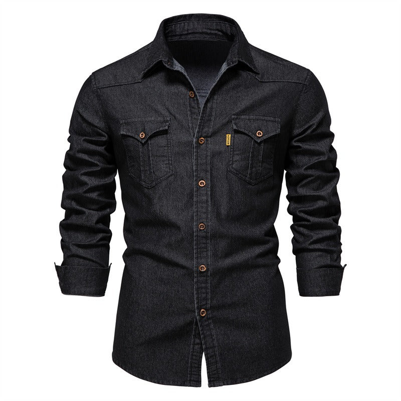 Solid Color Wrinkle Free Slim Fit Long Sleeve Male Denim Dress Shirt (Black/Navy Blue)