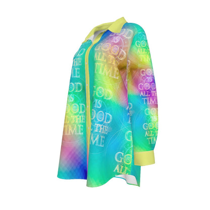 Chroma-Shift Art-to-Wear: God is Good All The Time 01-04 Plus Size Long Sleeve Camp Collar Shirt