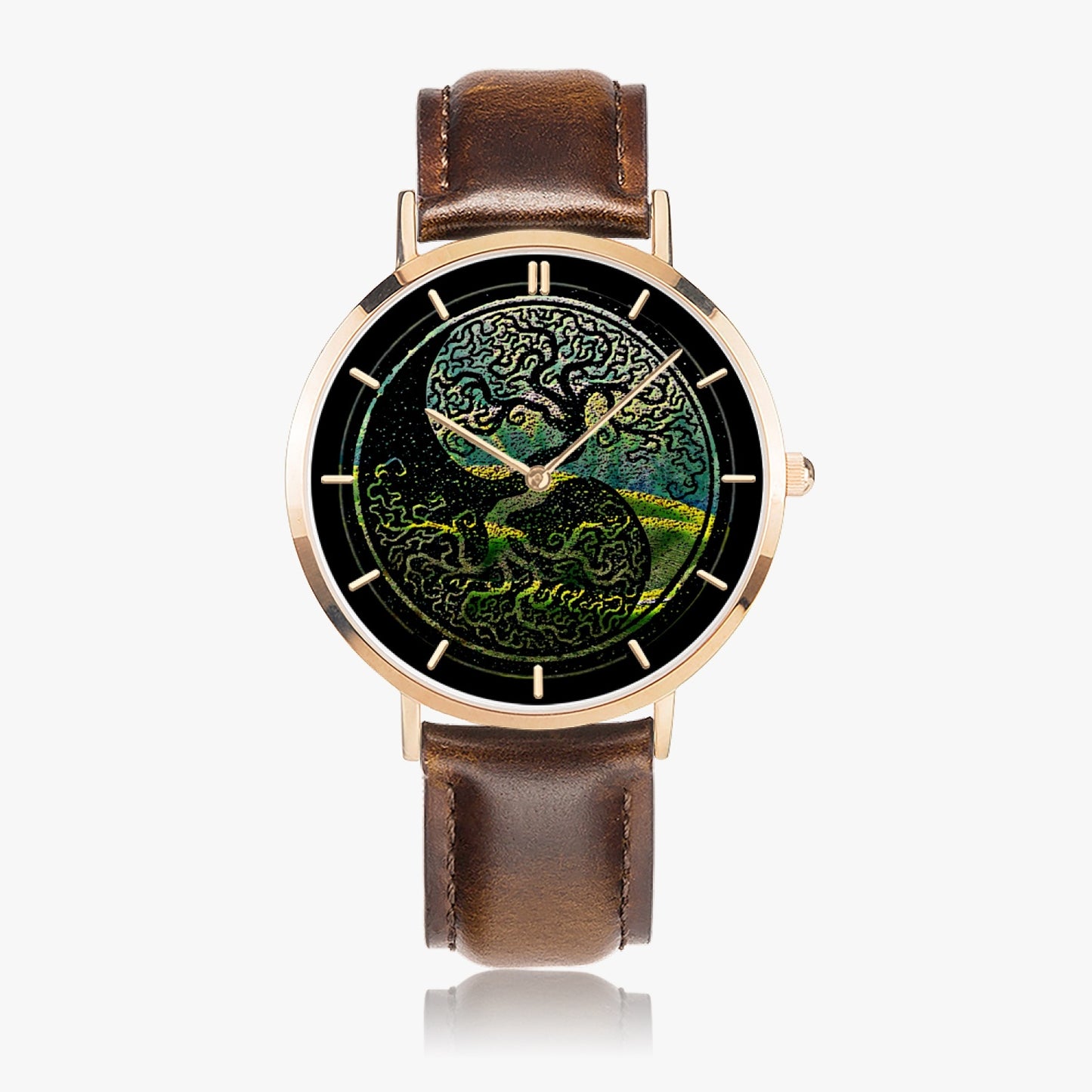 Tree of Life - As above, so below by KTJ Designer Ultra Thin Rose Gold 33/38/41mm Quartz Unisex Watch with Leather Strap and Indicators (White/Black/Brown Strap)