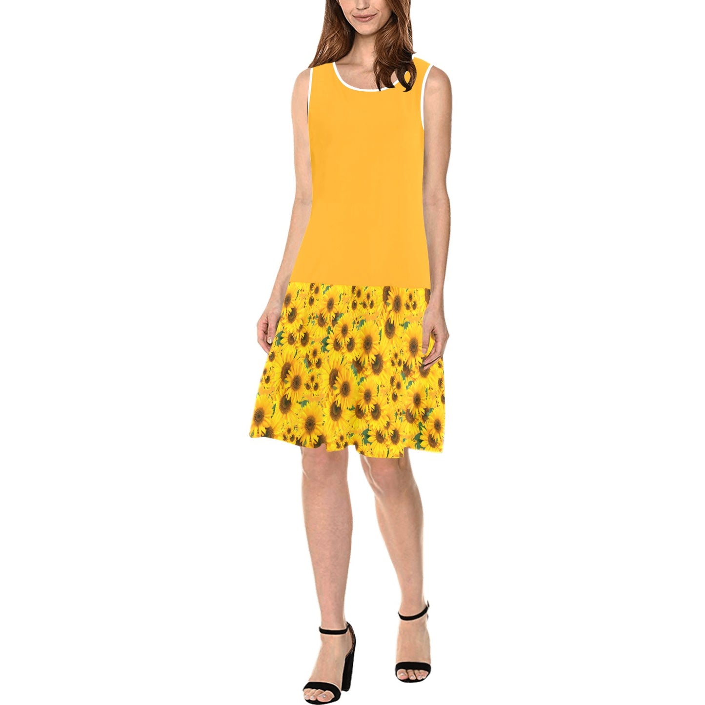 TRP Floral Print 04: Sunflowers 01 Designer Sleeveless Splicing Shift Dress (5 colors)