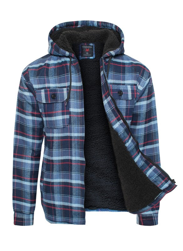 Flannel Sherpa Fleece Lined Full Zip Male Hoodie with Chest Pockets (8 colors)