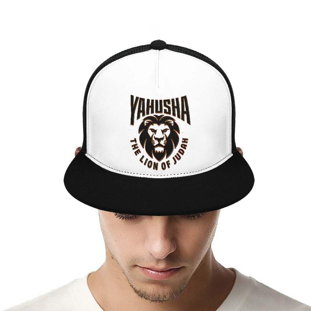 Yahusha-The Lion of Judah 02-01 Designer Flat Brim Trucker Cap with Black Mesh