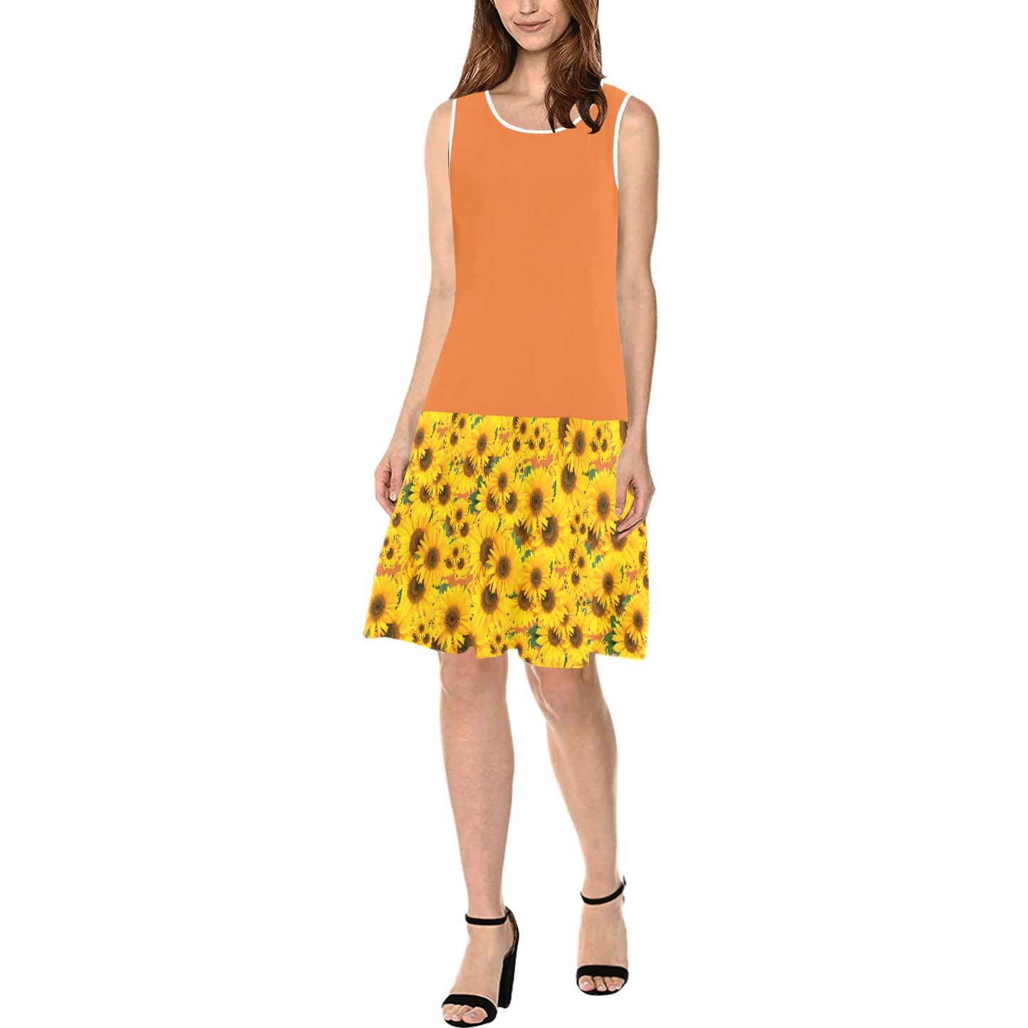 TRP Floral Print 04: Sunflowers 01 Designer Sleeveless Splicing Shift Dress (5 colors)