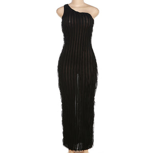 Black Sleeveless One Shoulder Striped Bodycon Maxi Dress