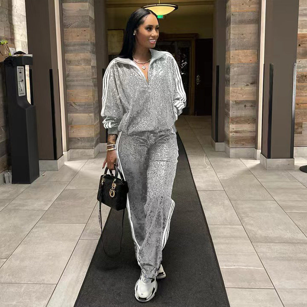 Striped Sequin Tracksuit (Silver/Black)