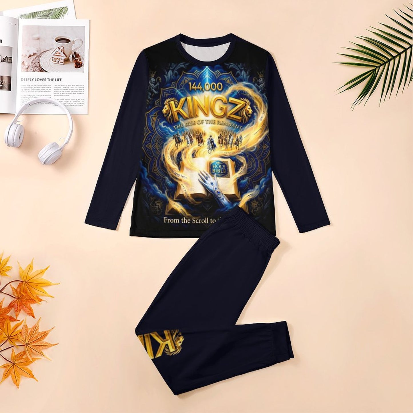 Black long-sleeve shirt and pants with 'KINGZ' design on a beige background