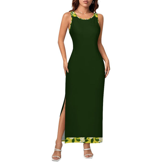 TRP Floral Print 10: Jasmine Vine 01-01 Designer Fitted Sleeveless Slit Maxi Dress