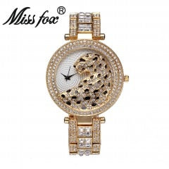 MISSFOX V227 Reloj de cuarzo con diamantes y cristales dorados y leopardo