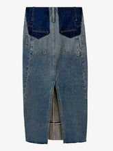 Cargar imagen en el visor de la galería, Vintage Blue Panel Zip Pocket Split Hem Denim Midi Skirt