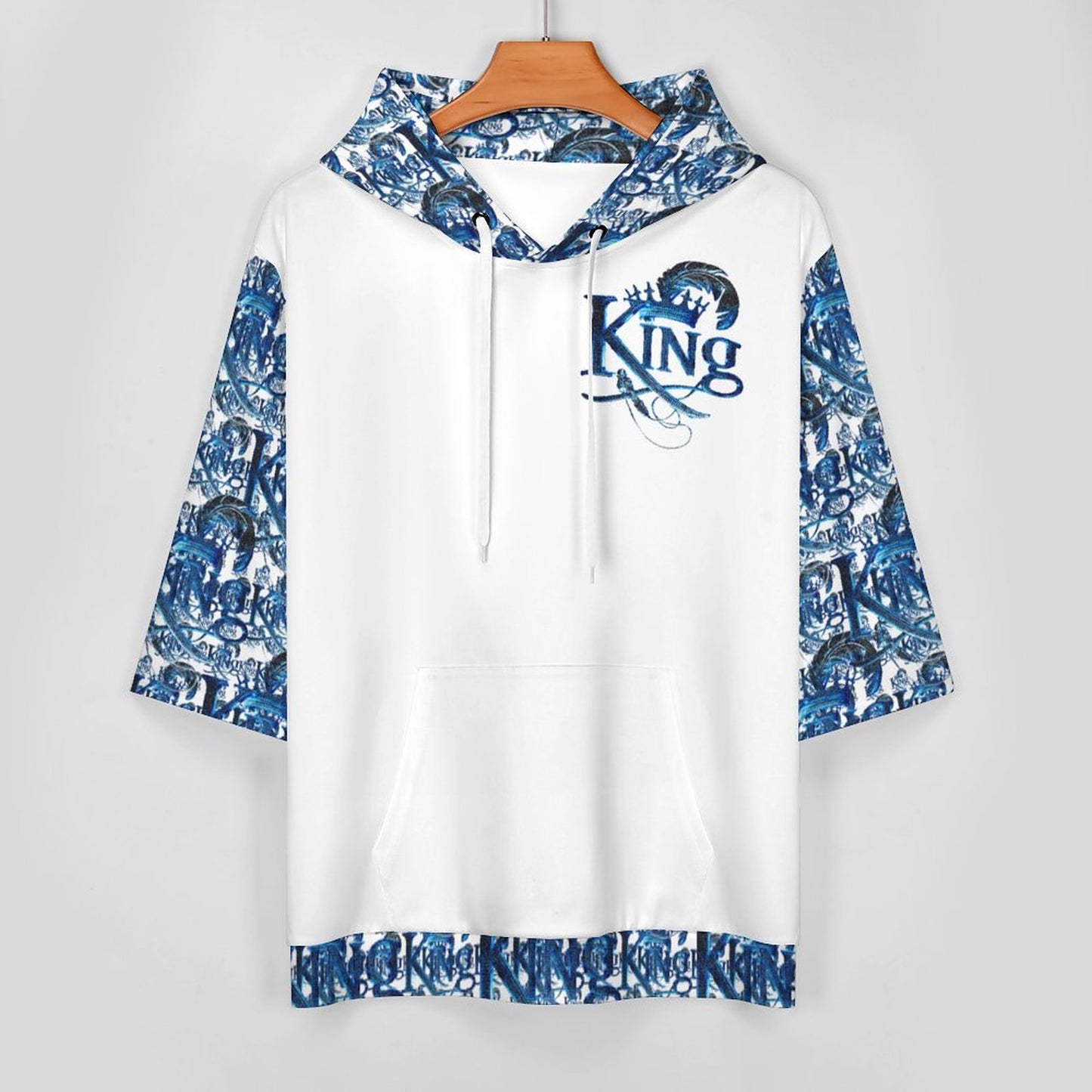 KING 02-01 White Men's Designer Half Sleeve French Terry Pullover Hoodie