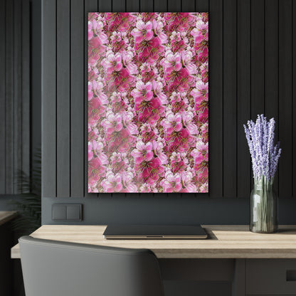 Portrait-oriented pink floral wall art above a wooden desk with a laptop and lavender in a dark, modern office.
