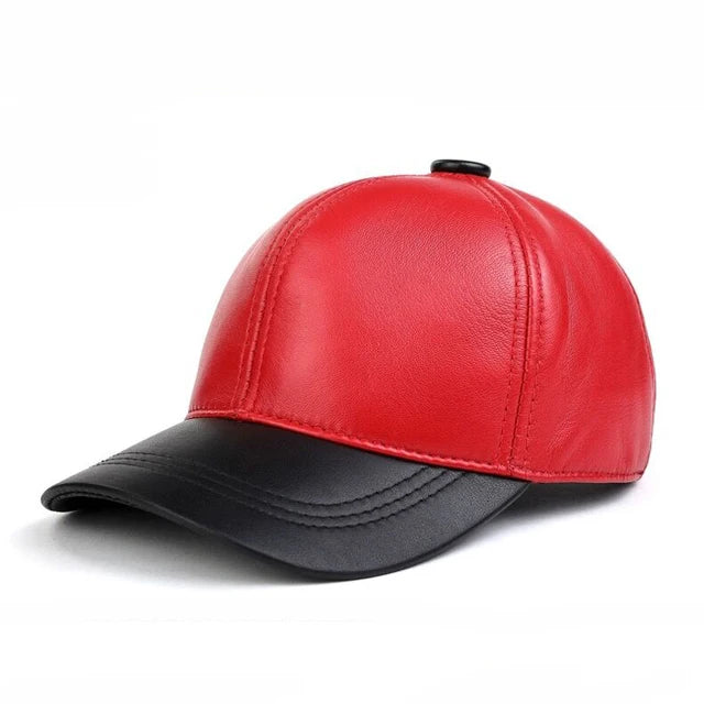 Solid Color Genuine Leather Baseball Cap (Blue/Red)