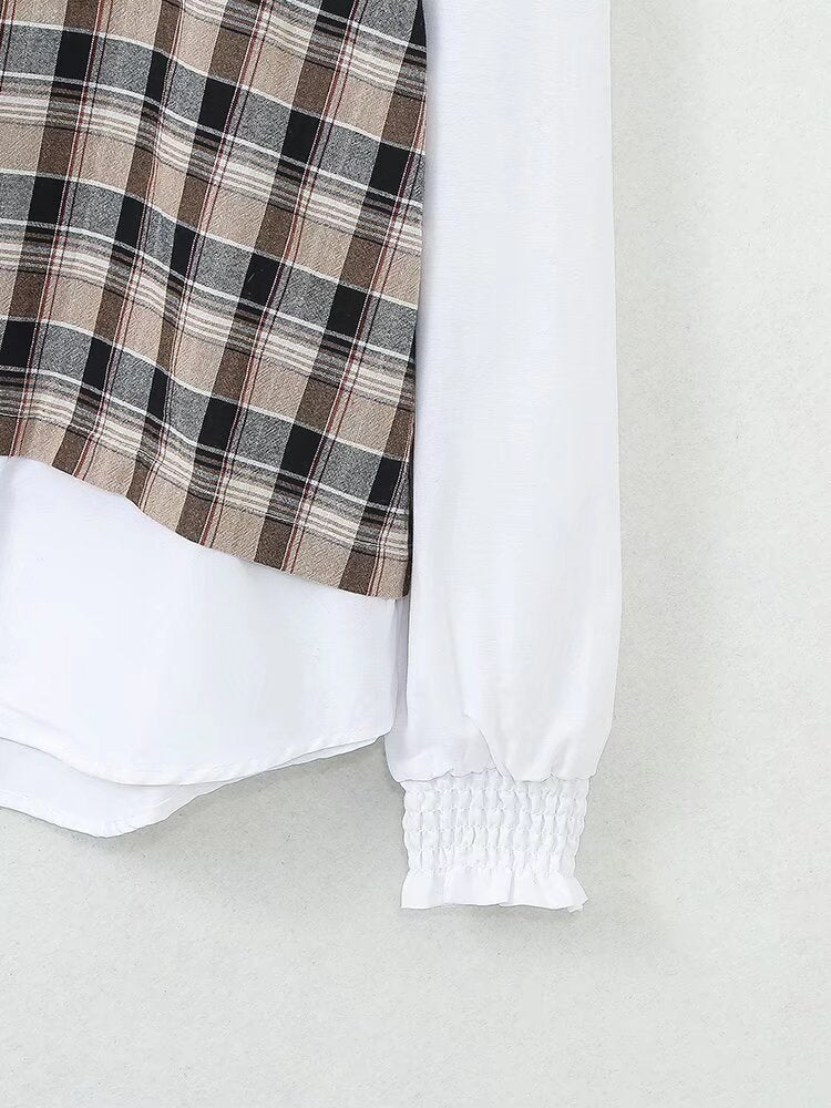 Round Neck Vintage Plaid Print Long Sleeve Blouse