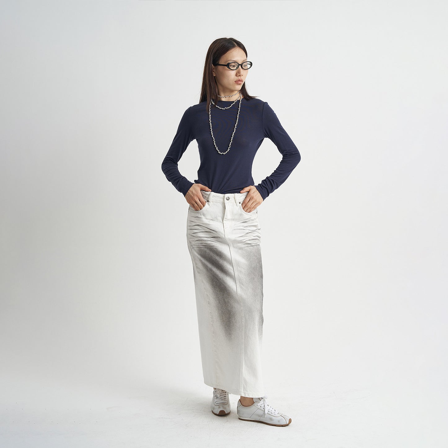 White Gradient Denim Pencil Maxi Skirt