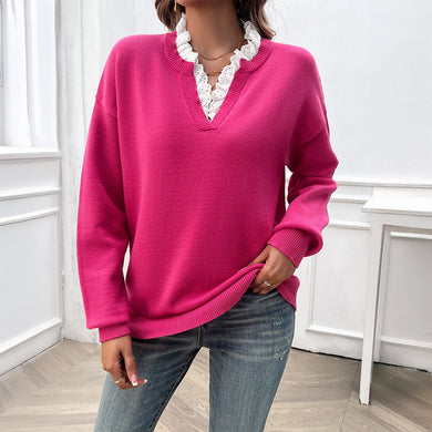 Temperament Lace Trim Triblend V-neck Sweater (4 colors)