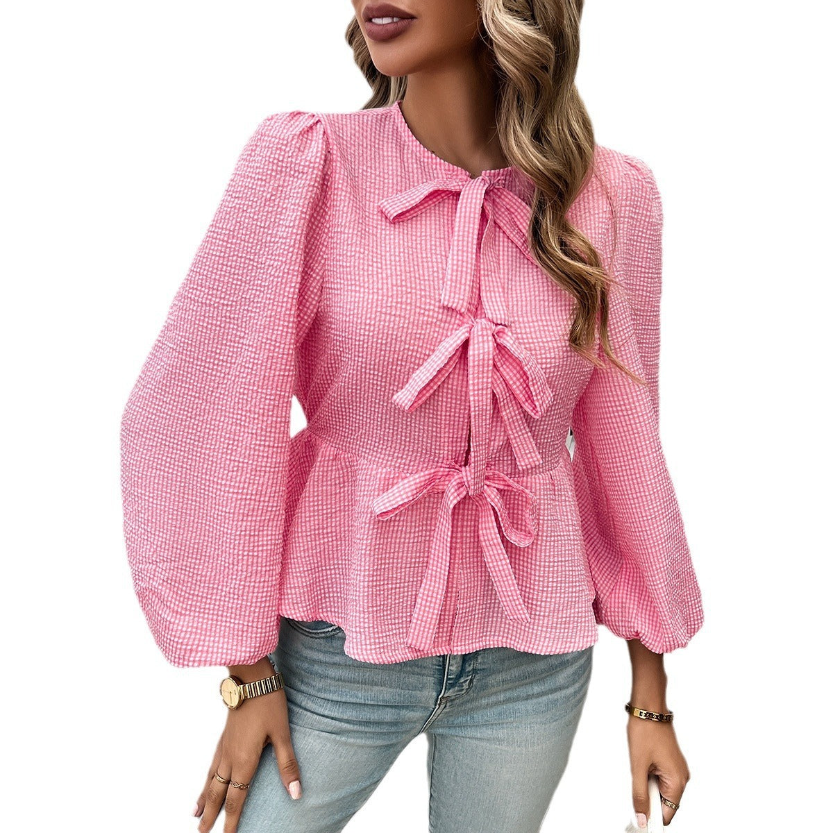 Lace Up Round Neck Bishop Sleeve Blouse (5 colors)