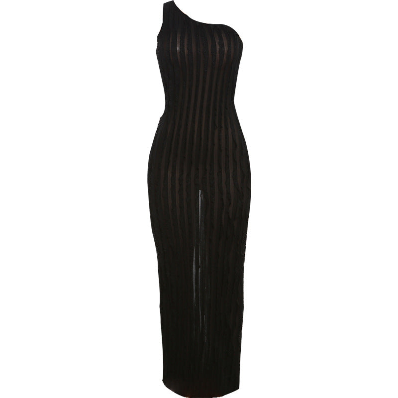 Black Sleeveless One Shoulder Striped Bodycon Maxi Dress