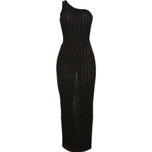 Load image into Gallery viewer, Black Sleeveless One Shoulder Striped Bodycon Maxi Dress