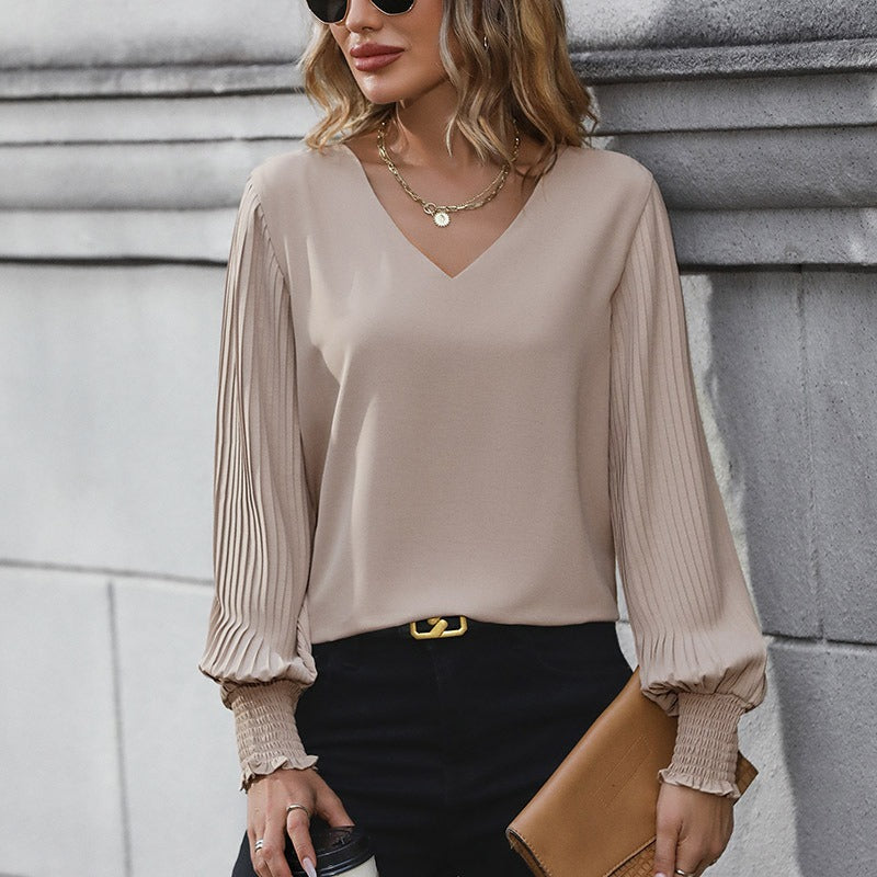 V-neck Solid Color Long Sleeve Puff Sleeve Blouse (3 colors)