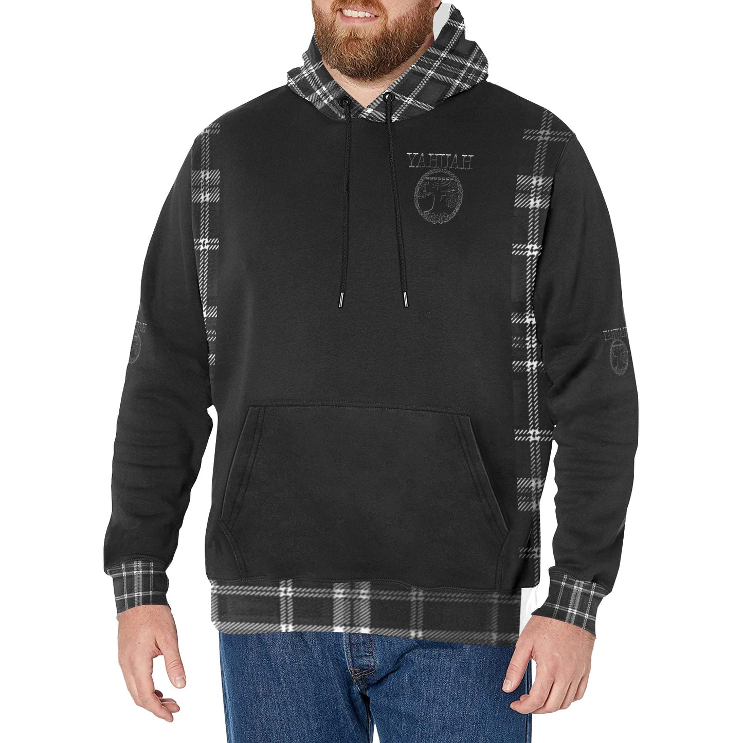 Yahuah-Tree of Life 02-04 + Digital Plaid 01-06A Men's Designer High Neck Fleece Lined Pullover Hoodie