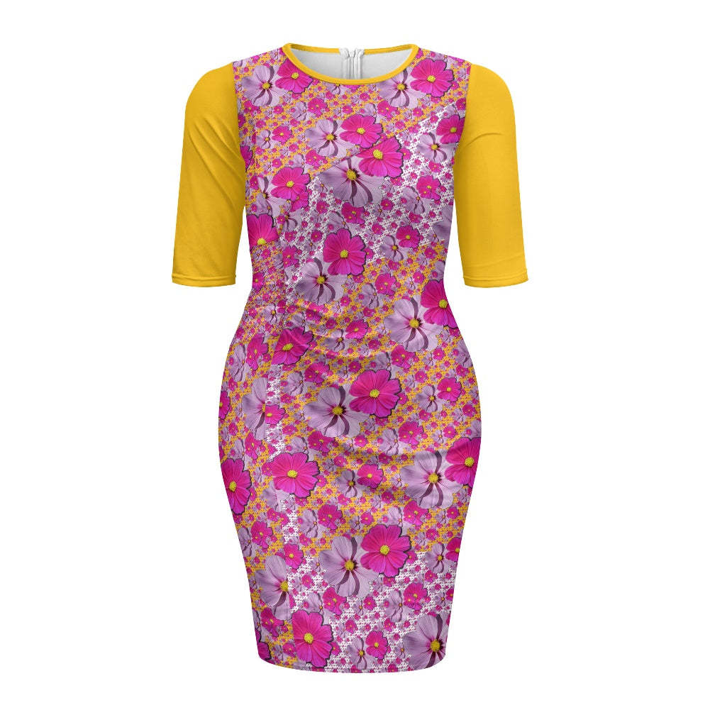 TRP Floral Print 05: Garden Cosmos Designer Ruched 3/4 Sleeve Midi Dress