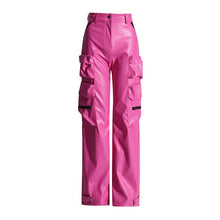 Load image into Gallery viewer, Pink High Waist PU Leather Spliced Cargo Pants