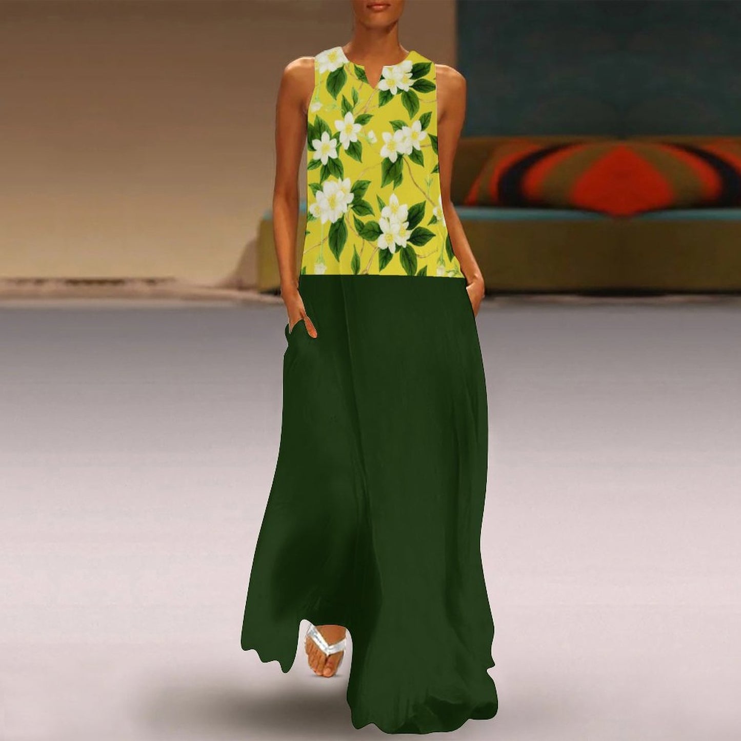 TRP Floral Print 10: Jasmine Vine 01-01 Designer Two-Tone Sleeveless Maxi Dress