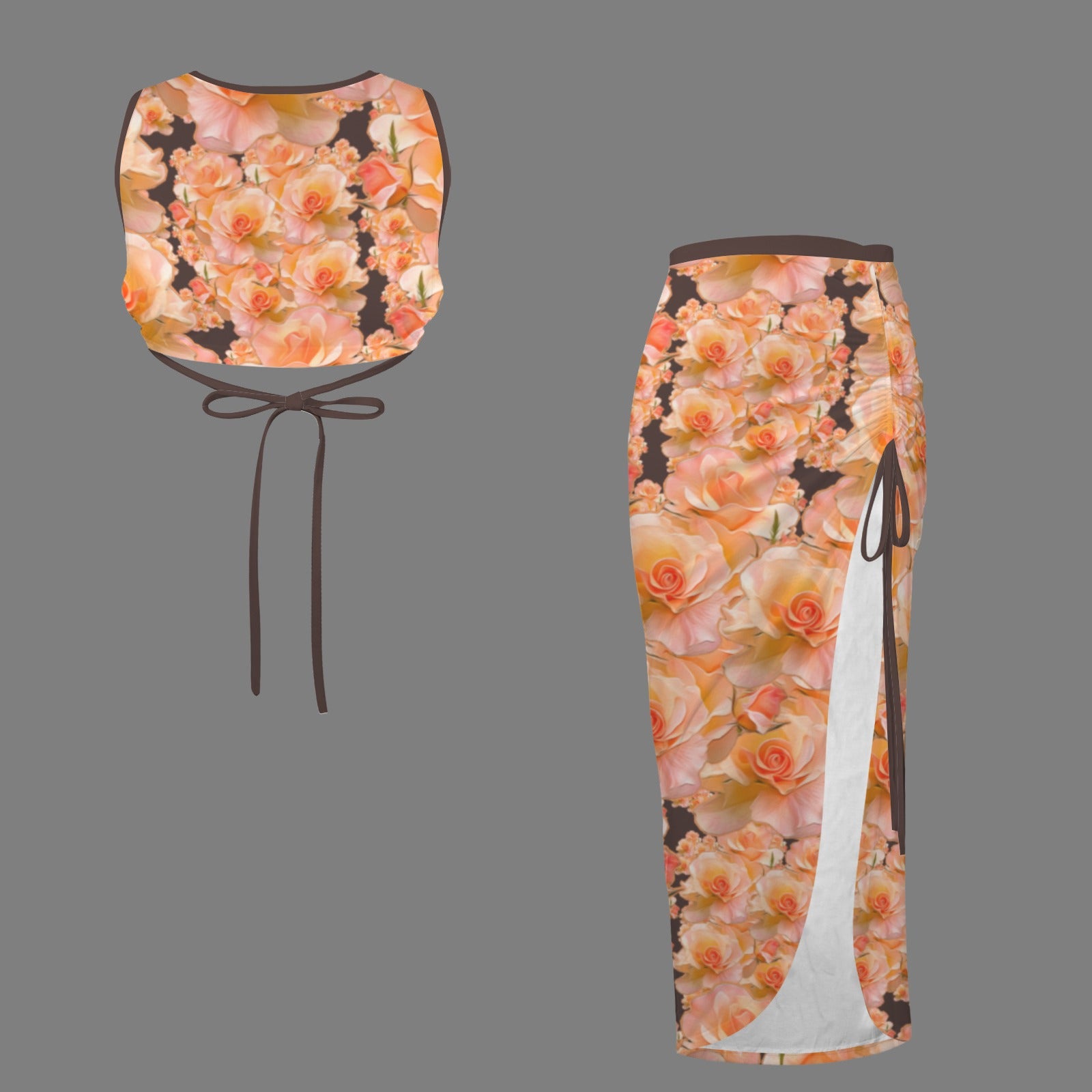 Floral Embosses: Roses 03 -02 "Sunset Rose Elegance" Backless Crop Top &amp; Side Slit Drawstring Skirt Set