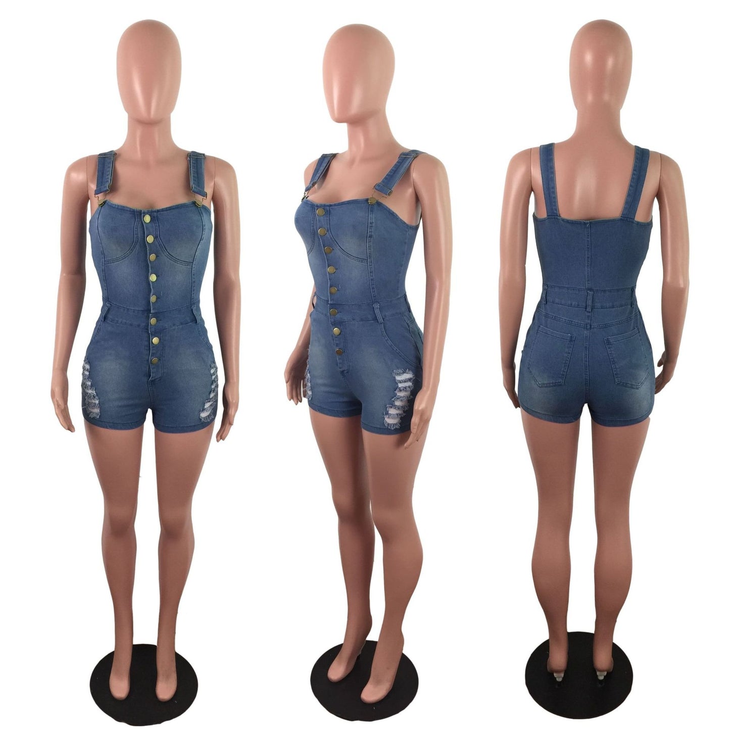 Light Blue Square Neck Slim Fit Denim Overall Romper