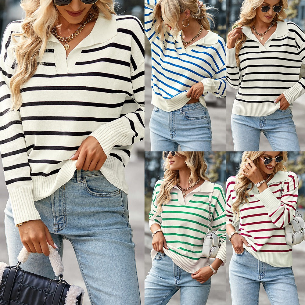 Striped Lapel Collar Sweater (4 colors)