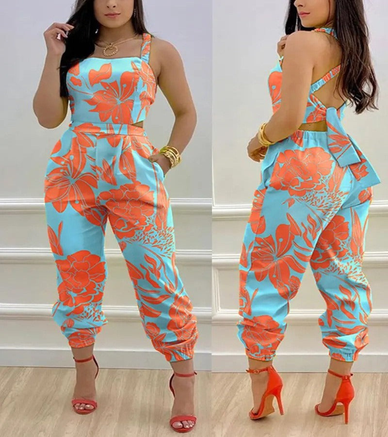 Solid Color/Printed Cross Lace Up Open Back Cropped Jumpsuit (6 Styles)