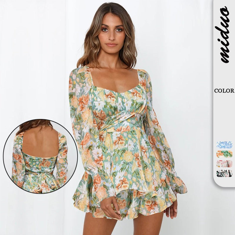 Floral Print Poet Sleeve Open Back Romper (4 colors)