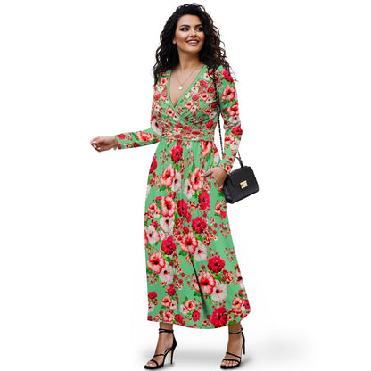 TRP Floral Print 03: Hibiscus Flowers 01-02 Tropical Bloom Long Sleeve Maxi Dress