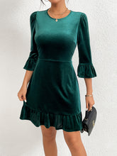 Load image into Gallery viewer, Velvet Blackish Green Round Neck Ruffle Trim Half Sleeve A-line Mini Dress