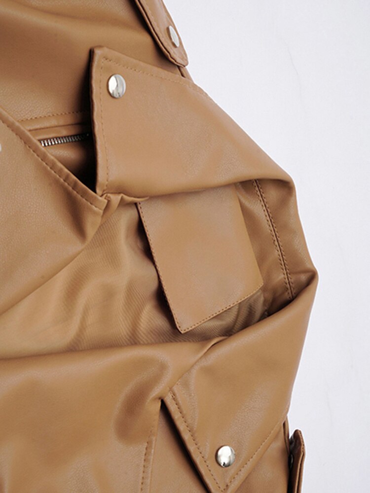 Loose Fit Pu Leather Brown Oversized Lapel Collar Jacket for Women (3 colors)