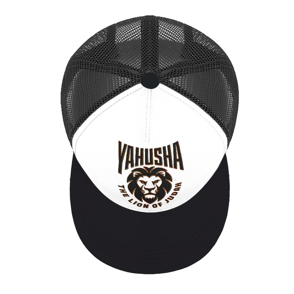 Yahusha-The Lion of Judah 02-01 Designer Flat Brim Trucker Cap with Black Mesh