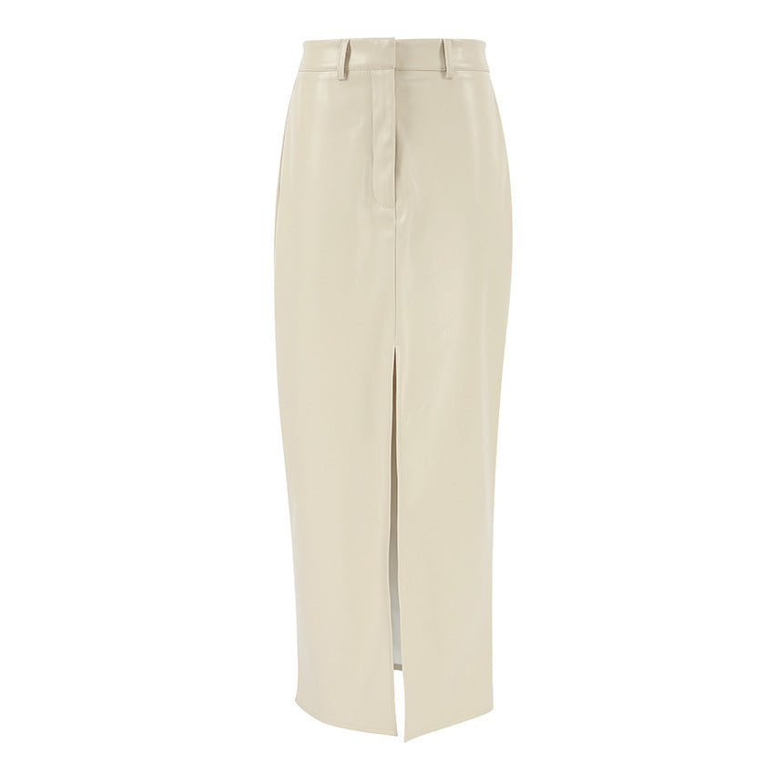 French Style PU Leather High Waist Split Pencil Maxi Skirt (Khaki/Black)