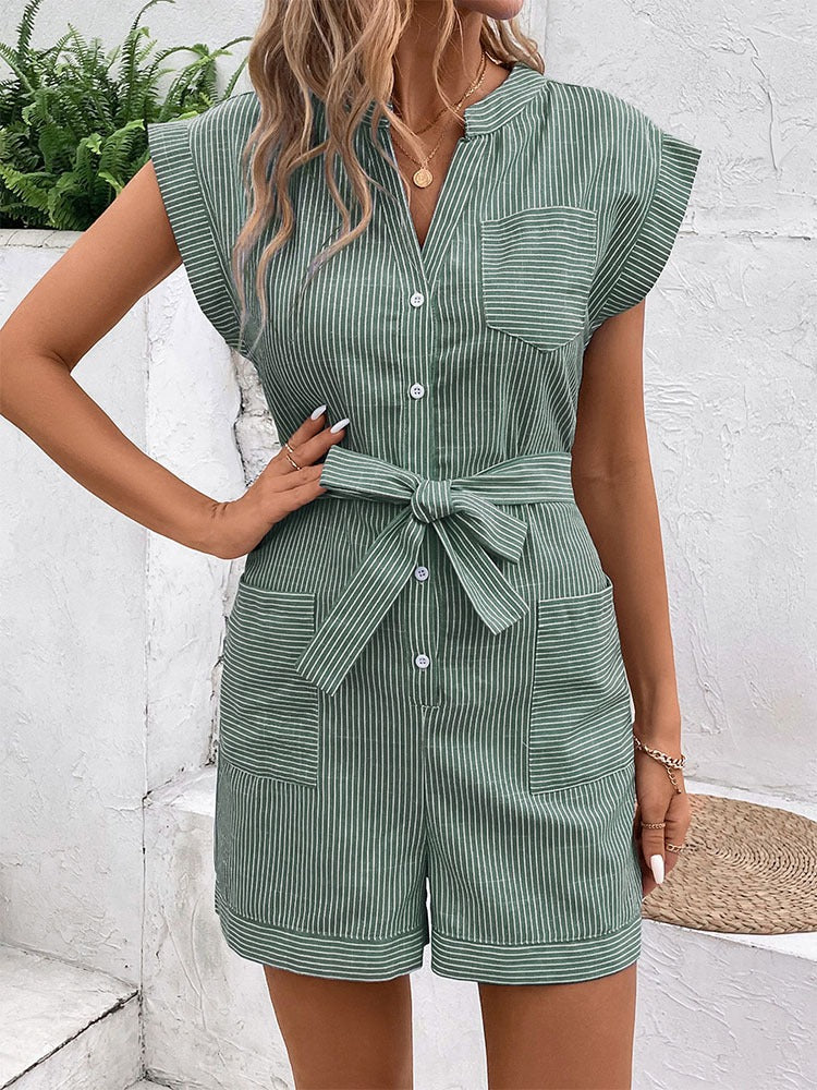 Striped Cap Sleeve Belted Romper (8 colors)